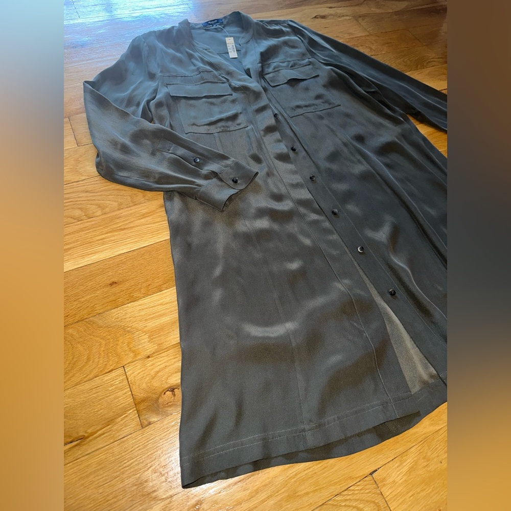 NWT Silk Madewell Button down shirt dress, large knee length, olive green,pocket